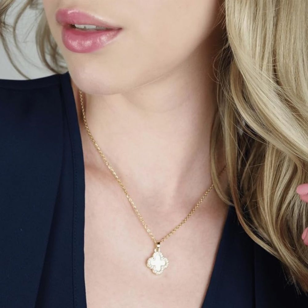 18K Gold Double Sided Clover Pendant Necklace Black White Four Leaf Lucky Charm